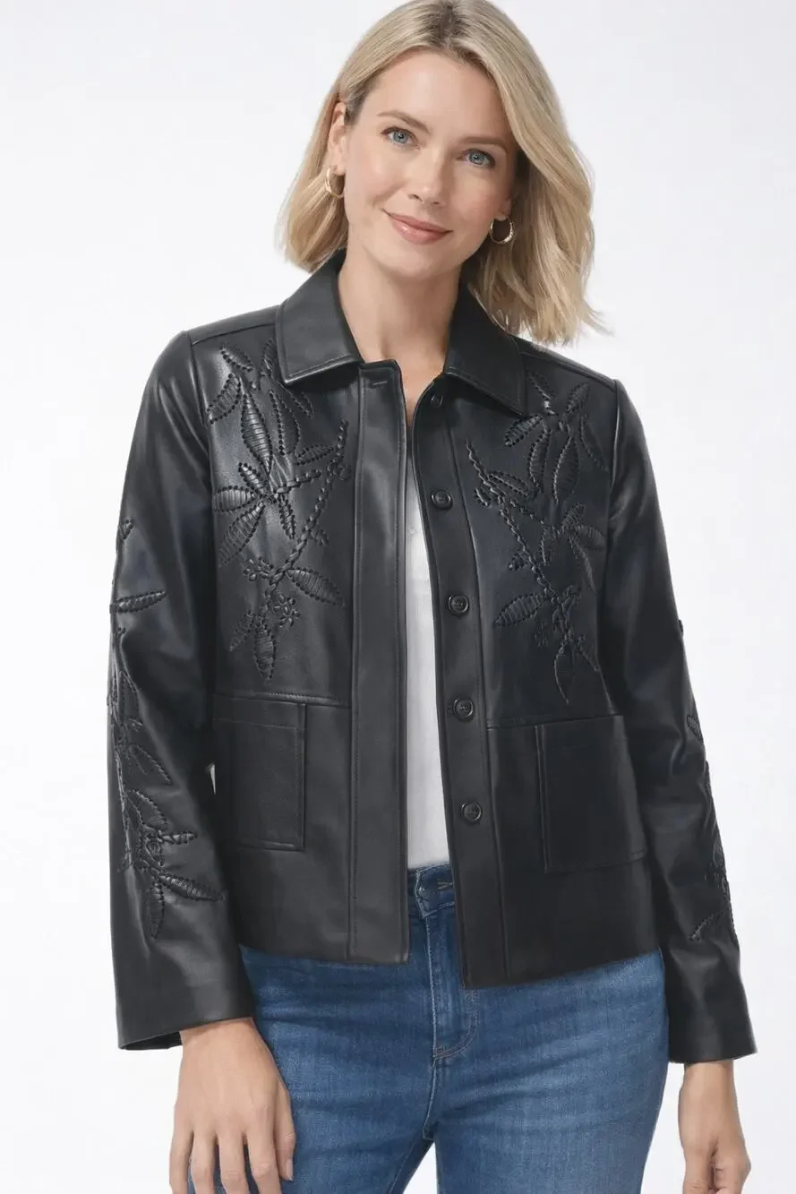 Chicos Womens Black Cutwork Faux Leather Jacket Size 8 Chicos 1 New Long Sleeve